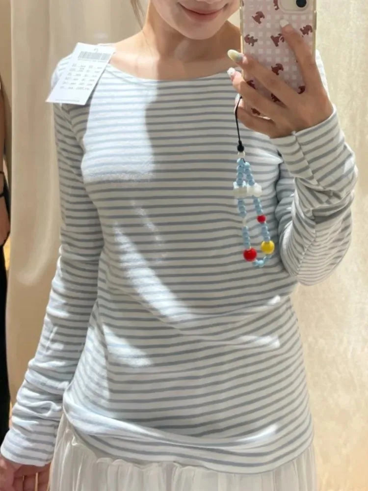 Sweet Striped Long Sleeve T-shirt Women Autumn O-Neck Soft Cotton Tee Shirt Casual  American Streetwear Vintage Y2k Tshirts New