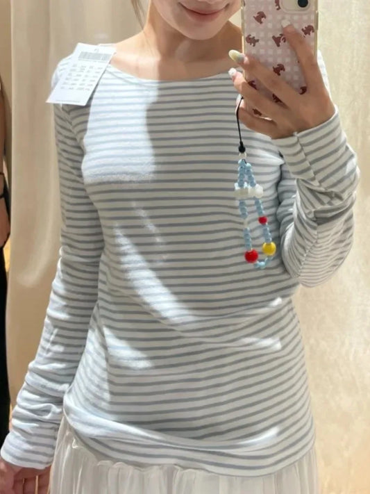 Sweet Striped Long Sleeve T-shirt Women Autumn O-Neck Soft Cotton Tee Shirt Casual  American Streetwear Vintage Y2k Tshirts New