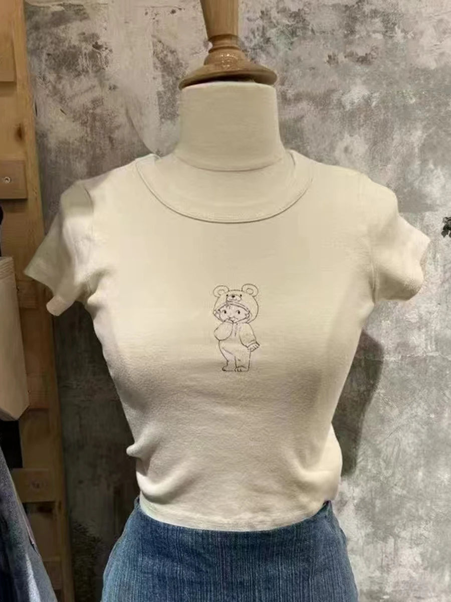 Classic Letter Print T-shirts Women Summer Cotton Soft Slim O-neck Short Sleeve Tees Female Vintage Streetwear Sweet Crop Tops