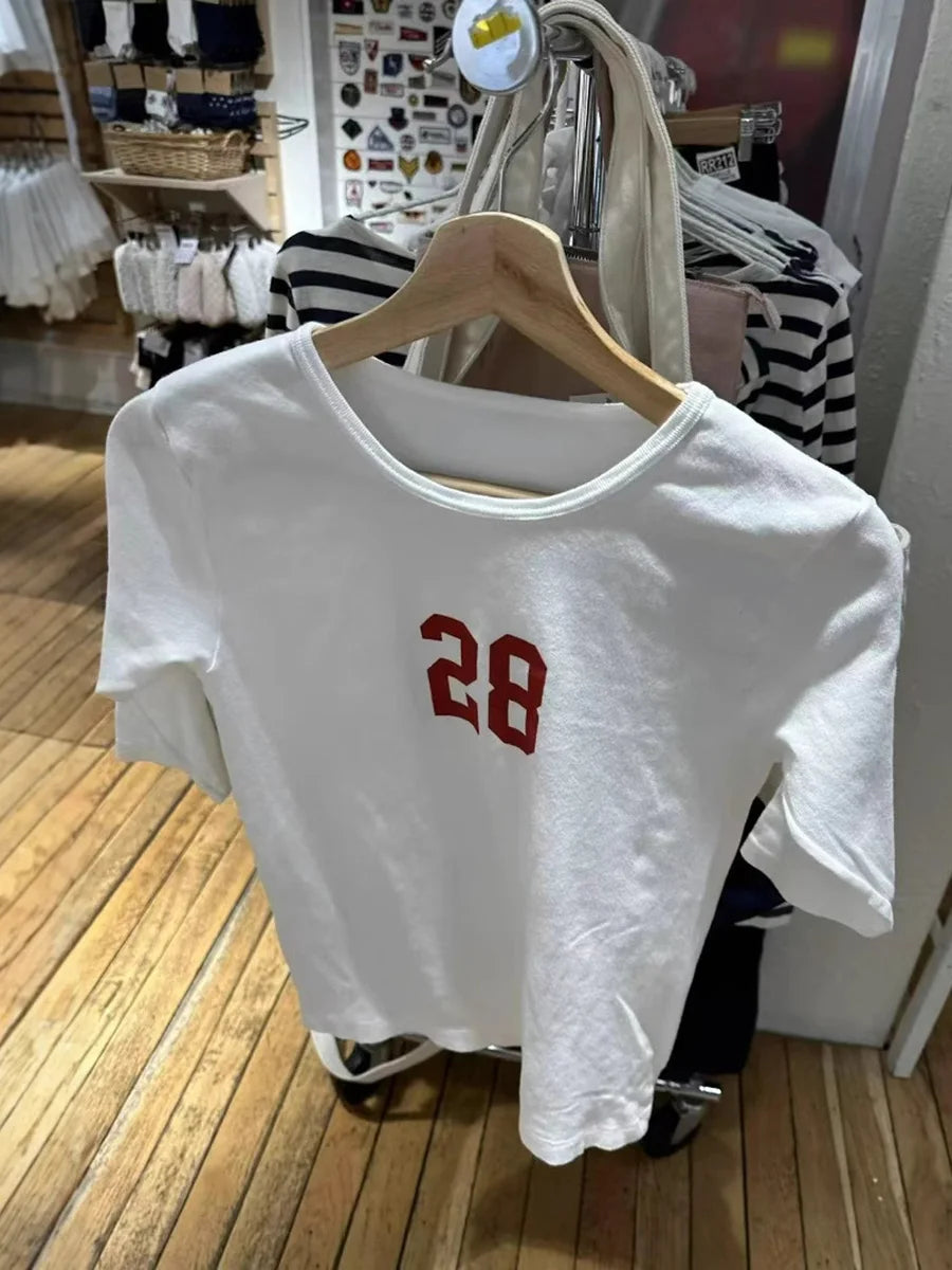 NO.28 Print Half Sleeve T-shirt Women Summer Cotton Simple O-neck Slim Tee Shirt Female Sweet Cute Preppy Style Y2K Crop Top New