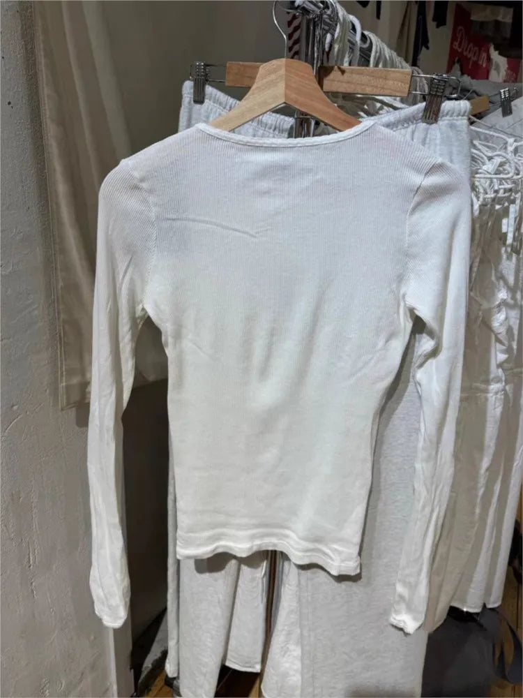 Sweet Lace Trim White Slim Ribbed Long Sleeve T-Shirt Women Autumn O-Neck Cotton Basic Tee Cute Preppy Style Tshirt Y2K Tops New