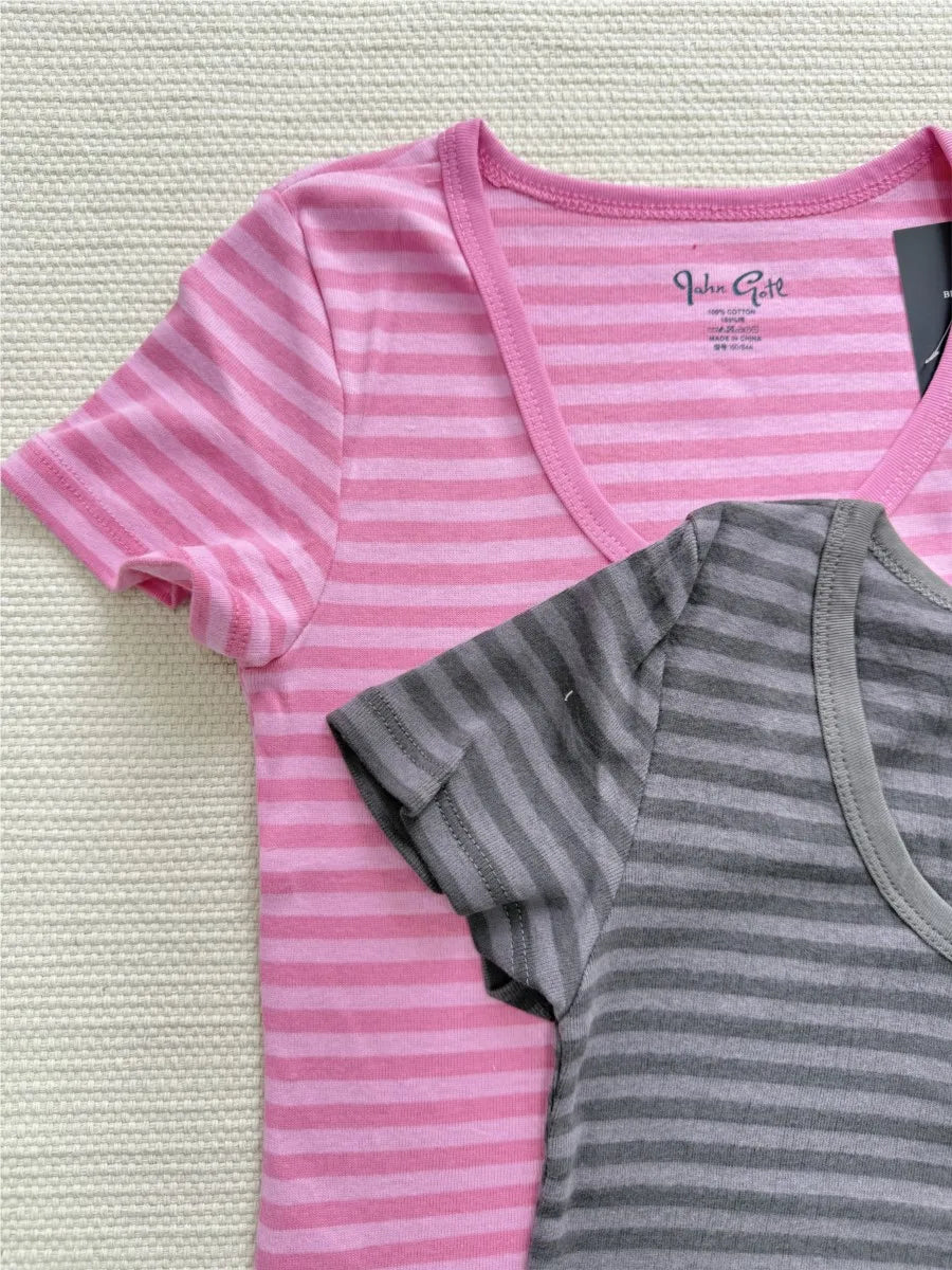 Pink Striped Slim Buttons T-shirts Women New Cotton O-neck Casual Simple Basic Short Sleeve Tees Sweet Cute Girls Tshirt Y2K Top