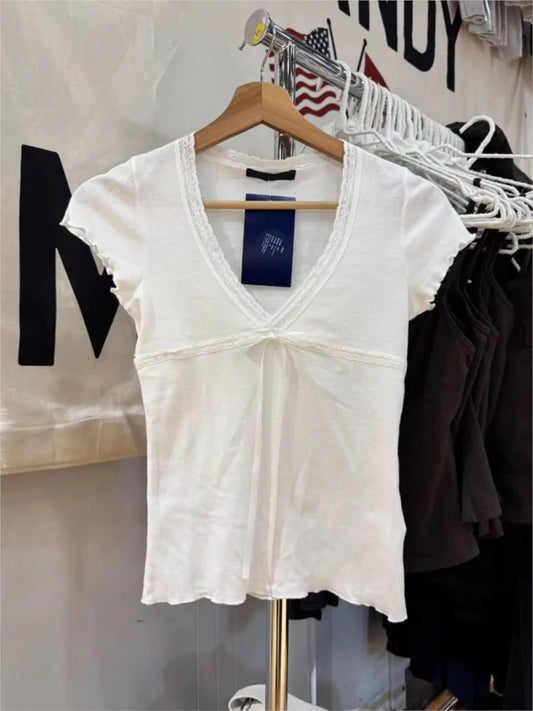 White Lace Trim Slim T-shirt Woman Summer Bow V-neck Fungus Short Sleeve Tee Shirts Female Causal Simple Sweet Cotton Crop Tops