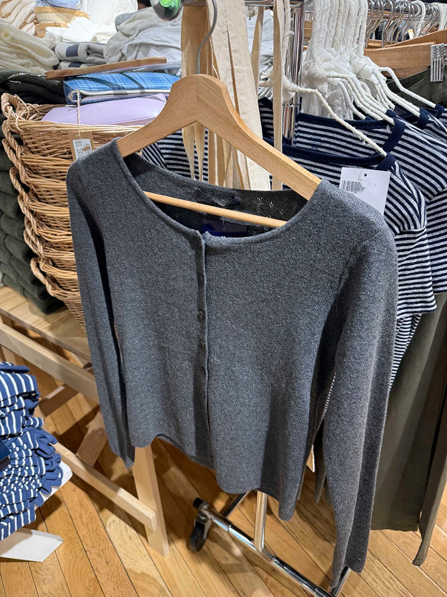 Eyelet Drak Gray Cotton Cardigan Women Autumn Casual Streetwear  Buttons Knitted Long Sleeve Tees Simple Sweet Basic Tops New