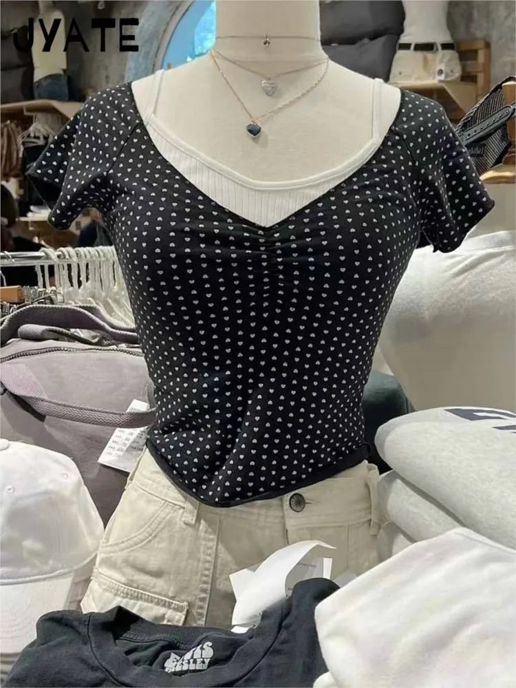 Harajuku Heart Print V-neck Short Sleeve Tees Female New Cotton Folds Chic Slim Sexy Crop Tops Vintage Sweet Cute T-shirts Y2K