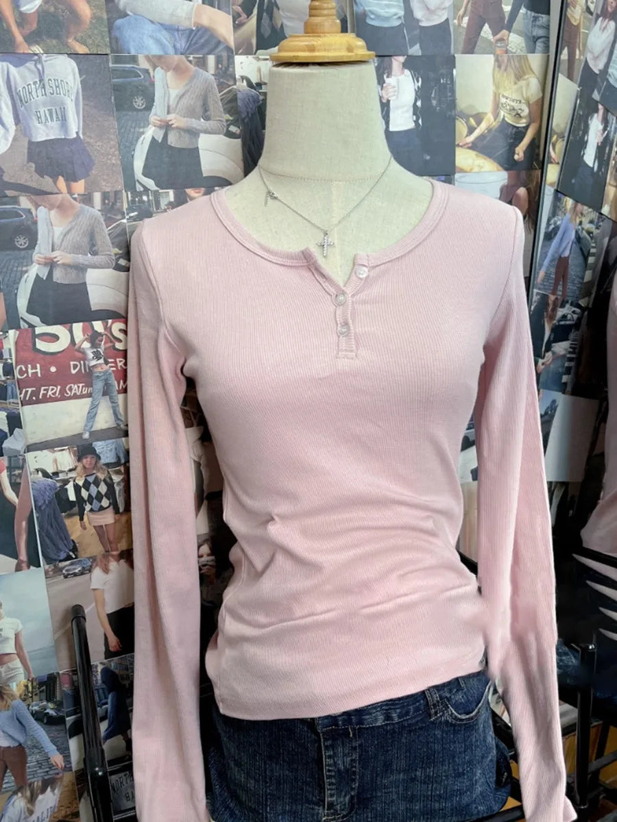 Buttons Ribbed Long Sleeve T-shirts Women Spring Soft Cotton Round Neck Vintage Top Female Solid Simple Y2k Streetwear Tees 2023