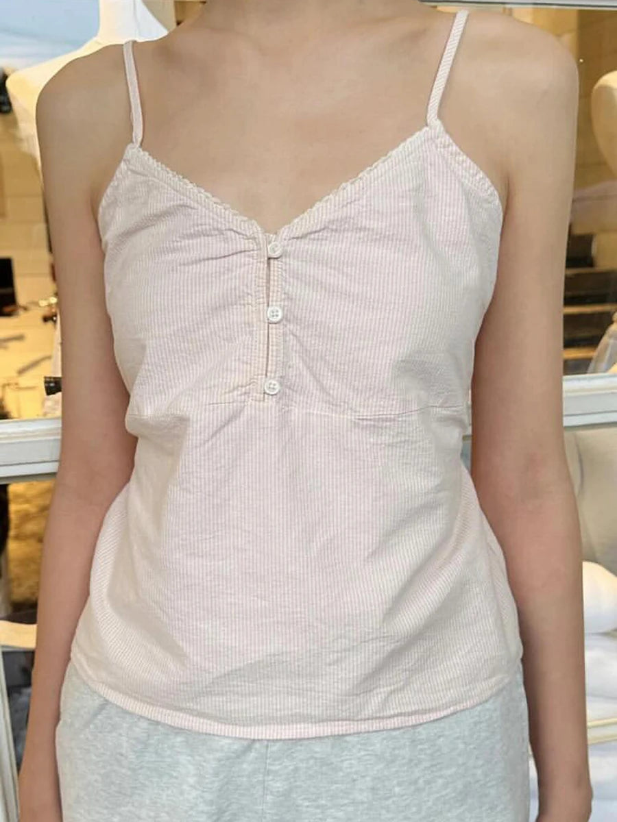 New Red Plaid Slim Tank Top Woman Lace Trim Buttons V-neck Back Lace-up Cotton Camis Summer Vintage Streetwear Sweet Crop Tops