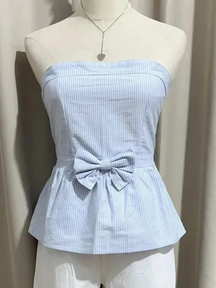 Bow Blue Striped Tube Top Women New Cute Strapless Cotton Sleeveless Vest Summer Preppy Style Sweet Casual Crop Tank Tops