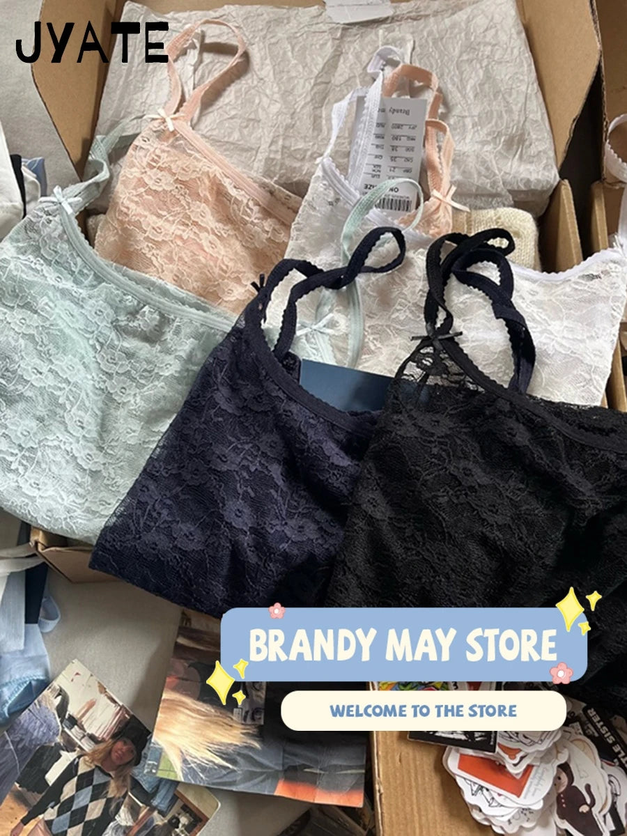 Sexy Lace Hollow Out Bow Solid Tank Tops Women New Casual Streetwear Square Neck Sleeveless Vest Sweet Vintage Chic Camisole Y2K