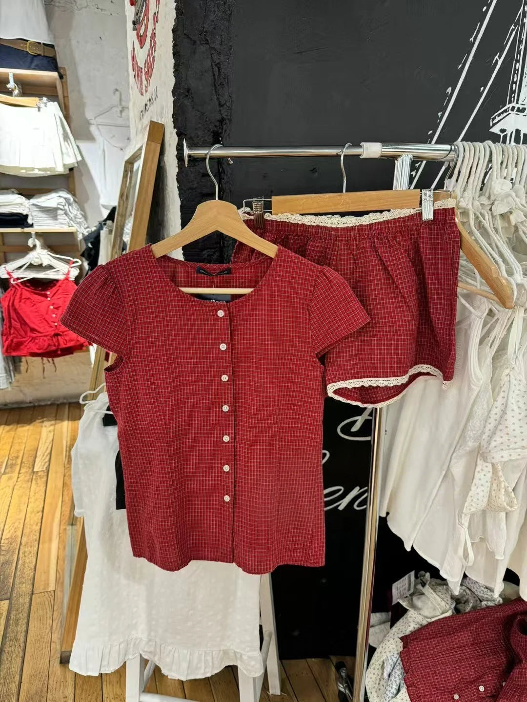 Red Plaid Ruffle Tank Shorts Sets Women V-neck Fold Slim Camisole+Loose Sweatshorts Cute Sweet Vintage Home 2 Piece Outfits New