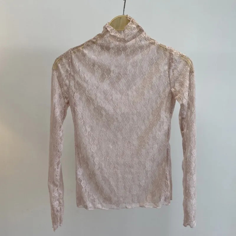 Sexy See-through Long Sleeve Tees Women New Street Slim Half turtleneck Lace Floral T-shirts Vintage Chic Party Tops Y2K Tshirts