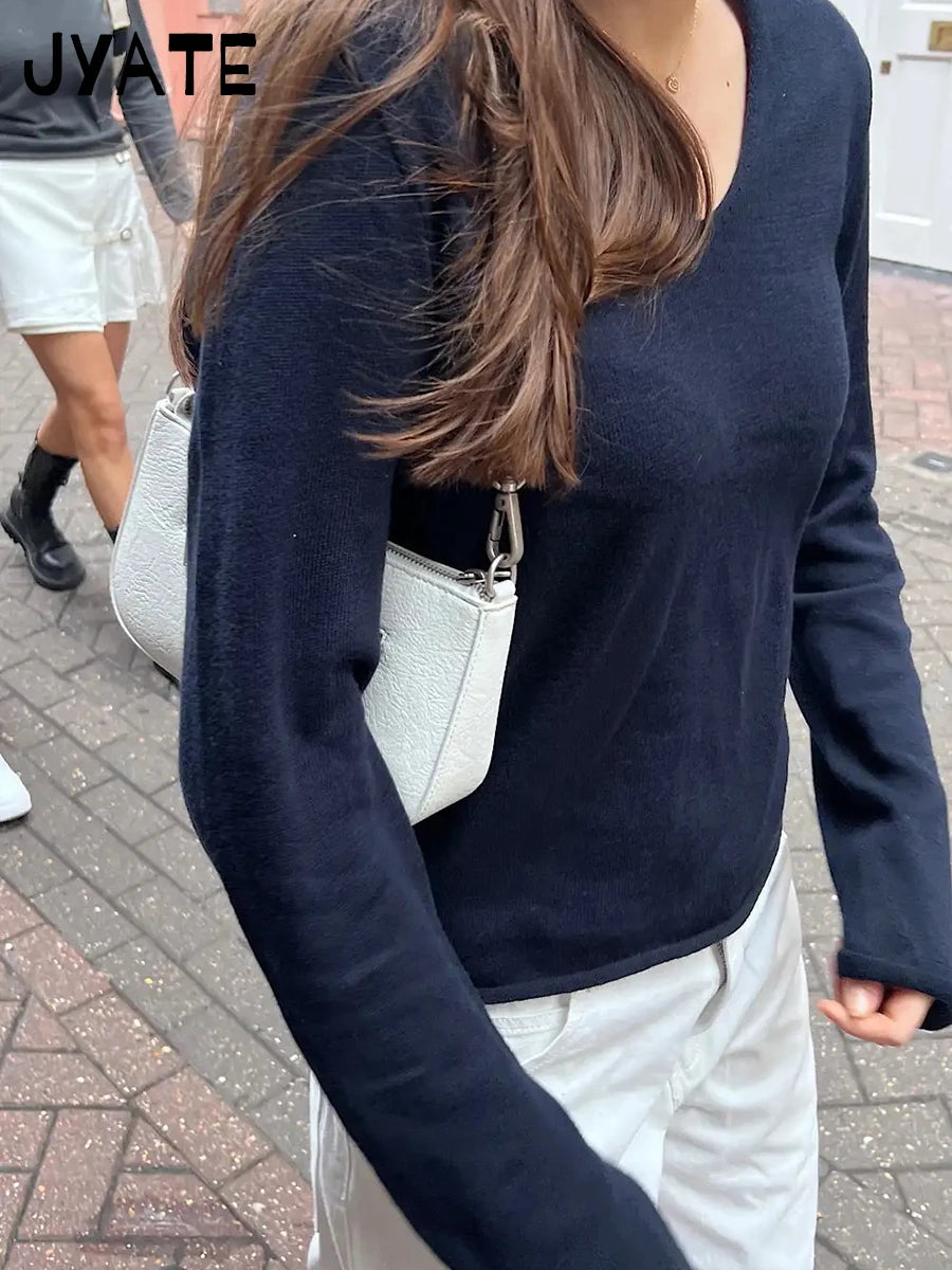 Harajuku Solid Raw Trim V-neck Long Sleeve Tees Women Autumn New Simple Casual Streetwear Tops Sweet Vintage Basic T-shirts Y2K