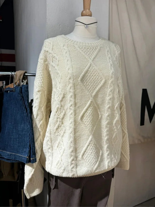 Sweet Beige Twist Flower Knit Sweater Woman Autumn Round Neck Long Sleeve Jumper Casual All-match Pullover Preppy Style Sweaters