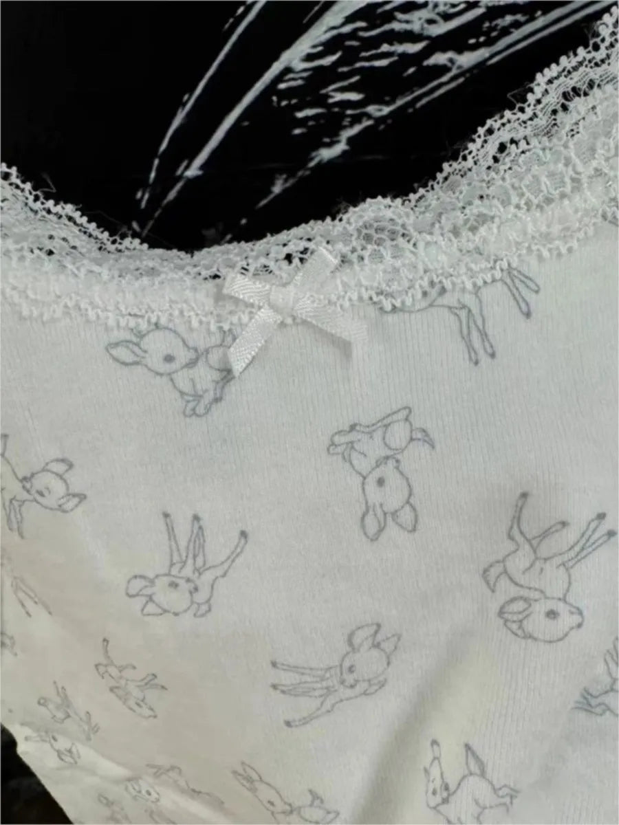 Little Deer Lace Trim Tank Tops Women Summer New Casual Preppy Style Slim Bow Sleeveless Vests Sweet Cute Vintage Camisole Y2K