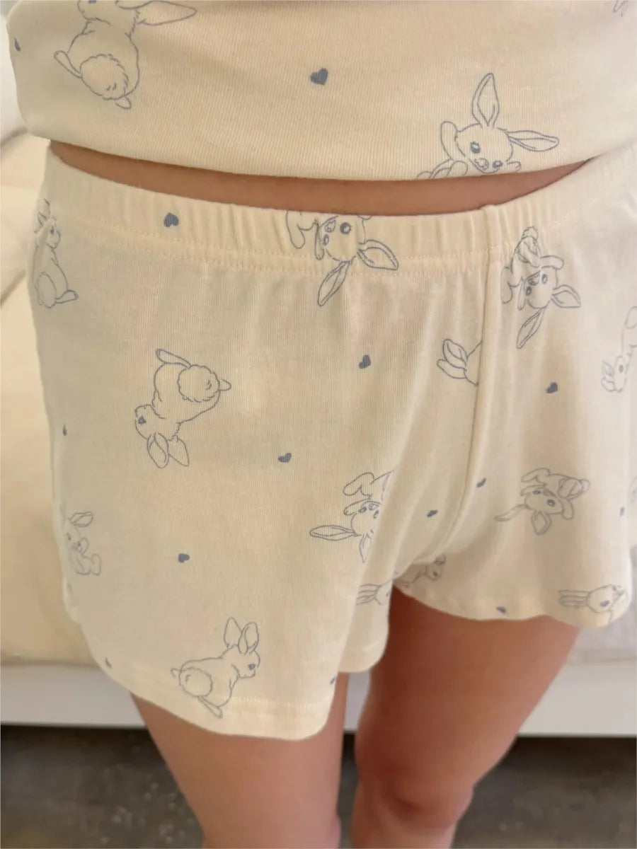 Rabbit Cotton Beige Tank Shorts Sets Woman Eyelet Slim Camisole+Elastic Waist Straight Sweatshorts Sweet Home 2 Piece Outfit New