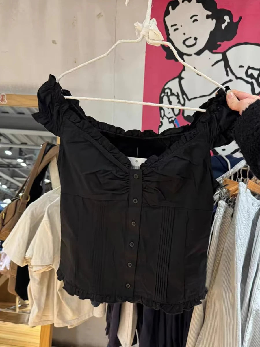 Black Folds Blouse Top Women Casual Single Breasted Ruffle Sleeveless Tank Tops Vest Harajuku Cool Preppy Style Camisole Y2K