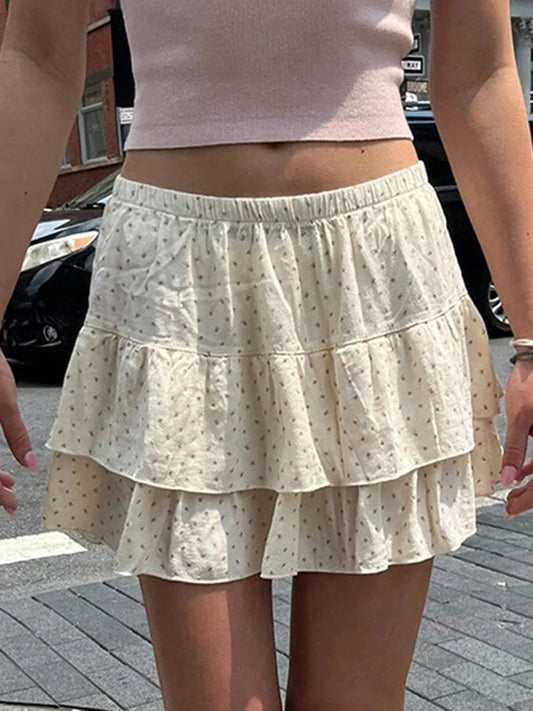 Sweet Cute Floral Print A-line Skirts Balletcore Women Elastic High Waist Mini Skirt Female Harajuku Vintage Chiffon Faldas Y2K