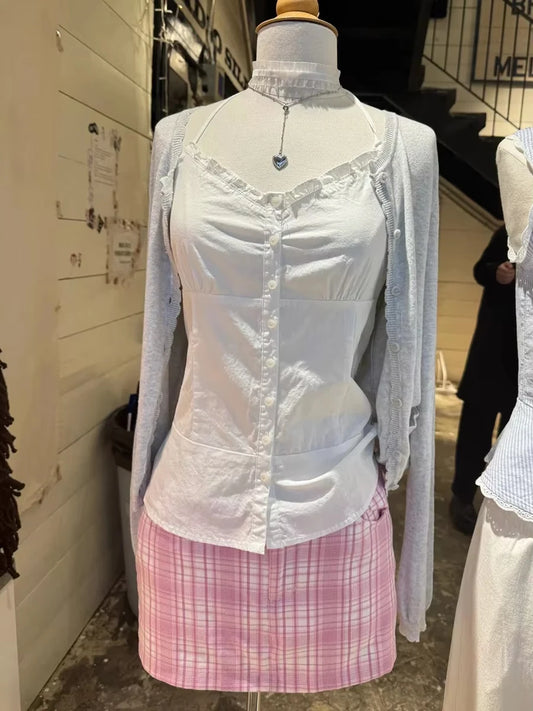 Sweet Pink Plaid Mini Cargo Skirts Women Summer Streetwear Casual Cotton Slim Sexy Low Rise Skirt Preppy Style Cute Y2K Falda