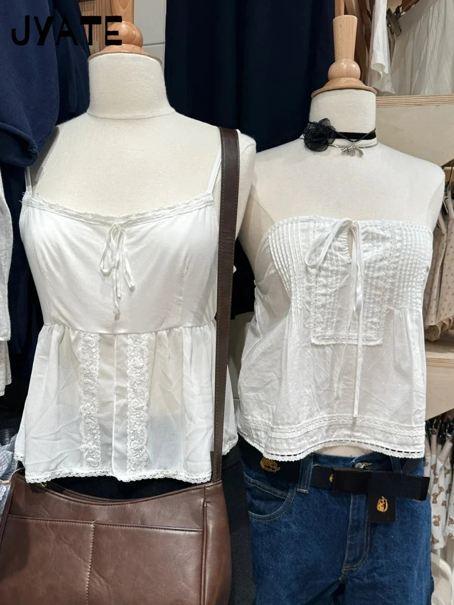 Cute White Square Neck Halter Strap Camisole Women Summer New Cotton Lace Trim Sleeveless Vests Sweet Vintage Chic Tank Tops Y2K