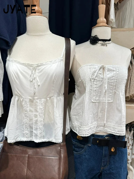 Cute White Square Neck Halter Strap Camisole Women Summer New Cotton Lace Trim Sleeveless Vests Sweet Vintage Chic Tank Tops Y2K