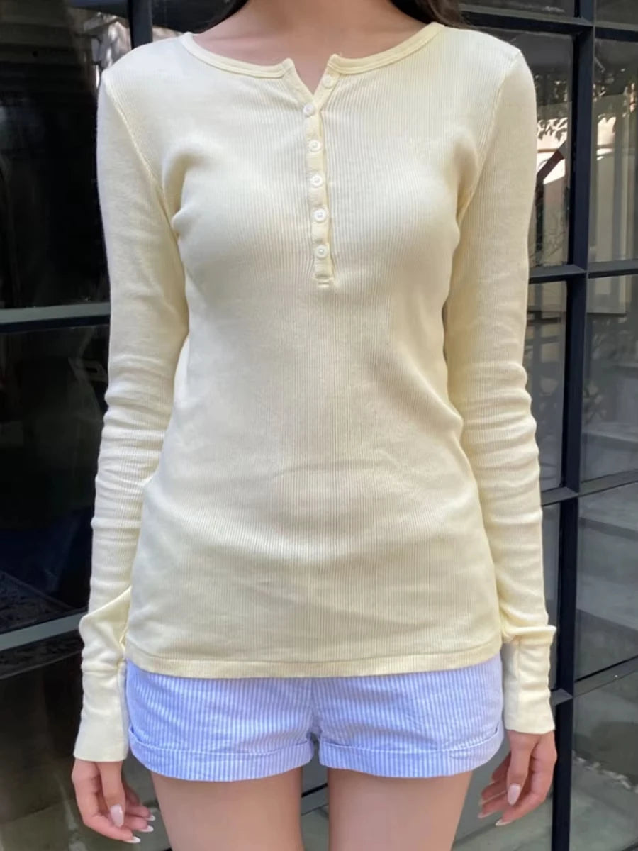 Simple White Ribbed Slim Long Sleeve T-shirts Women Autumn Six Buttons O-Neck Cotton Tshirts Tops  All-match Tees Shirt Clothes