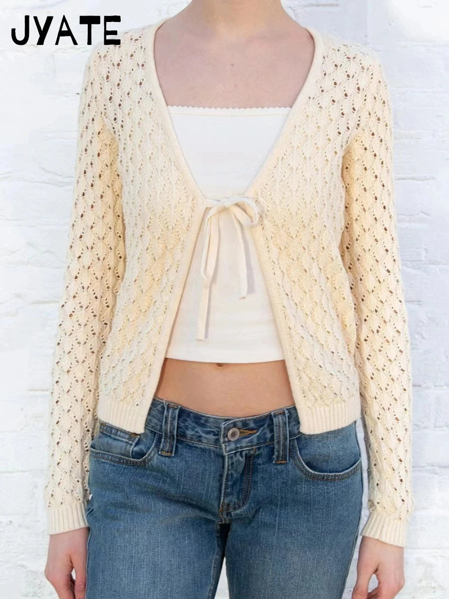 Hollow Out Lace-up Long Sleeve Tee Women Spring New Casual Cotton Solid V-neck Knitted T-shirts Sweet Cute Vintage Crop Tops Y2K