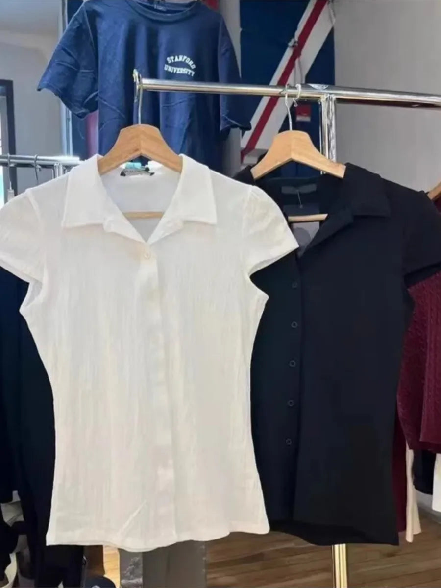 White Buttons Short Sleeve Tees Women Summer Cotton Casual Turn Down Collar Preppy Style Tops Sweet Vintage Chic Cute T-shirts