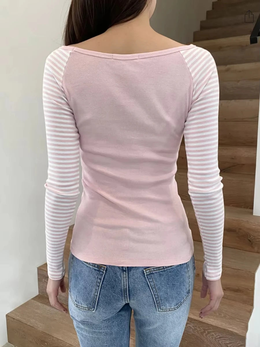 Pink Patchwork Long Sleeve T-shirt Women Slash Neck Cotton Slim Tee Shirts Female Sweet Streetwear Vintage Tshirt Y2K Tops New
