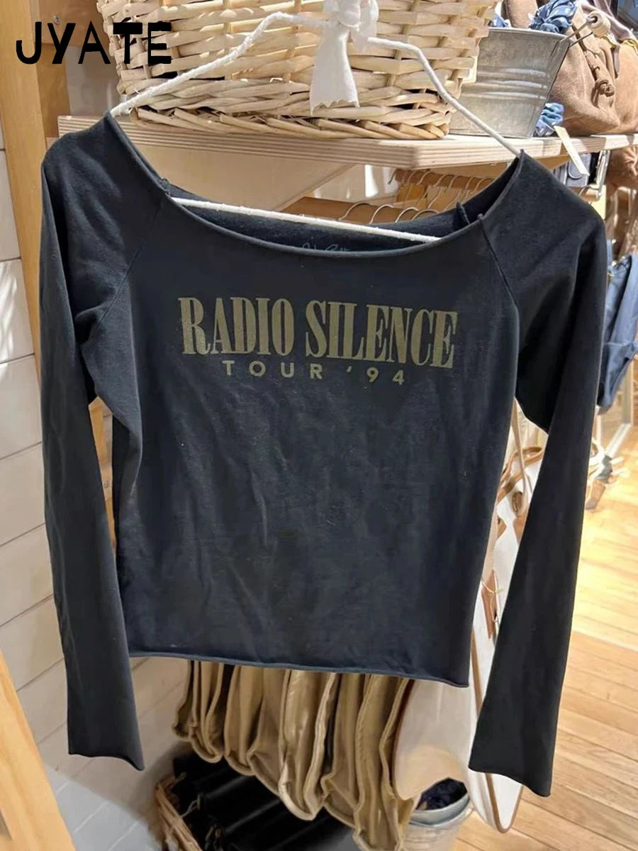 Letter Print Slash Neck Long Sleeve Tee Women Summer New Cotton Slim Sexy Raw Hem Casual Tops Vintage American Chic T-shirts Y2K
