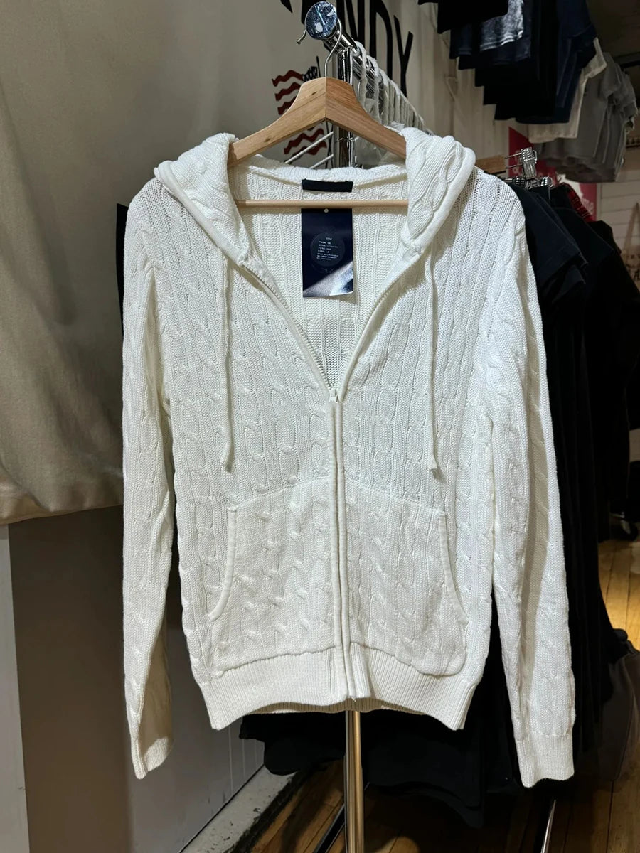 Simple Solid Twisted Flower Knit Cardigan Sweater Women Autumn Long Sleeve Pocket Hooded Zipper Coat Sweet Preppy Style Knitwear