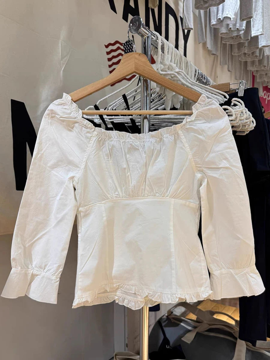 Sweet White Ruffles Button T-Shirt Blouse Women Summer Sexy V-neck Lace Trim Single Breasted  Half Sleeve Tees Simple T-shirts