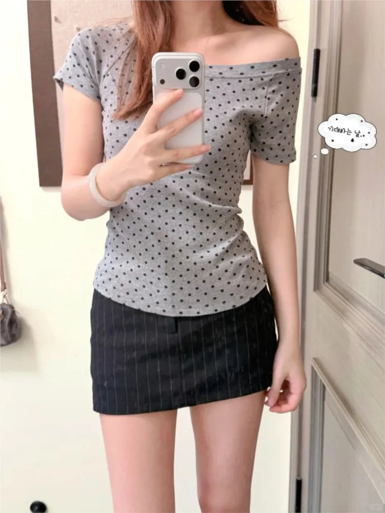 Polka Dot Gray Slash Neck T-shirt Women Casual Preppy Style Slim Short Raglan Sleeve Cotton Tee Shirts Vintage Sweet TshirtsY2K