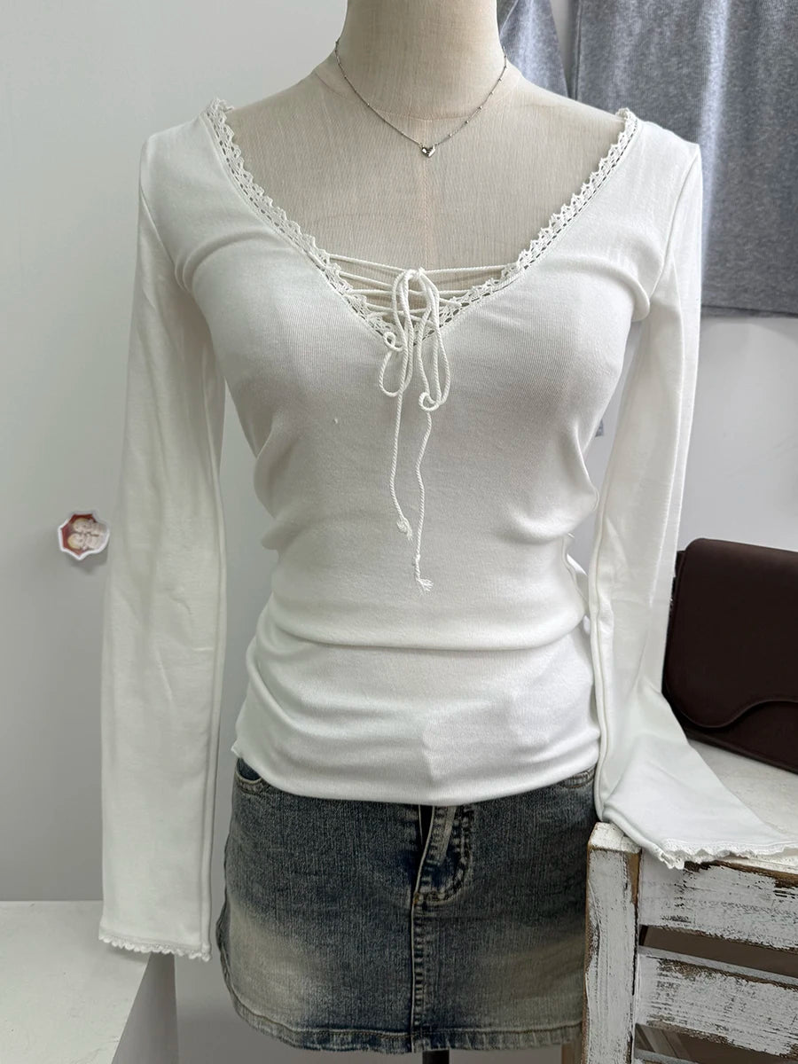 Lace Trim Long Sleeve Tees Women Spring Streetwear Cotton Slim V-neck Lace-up Tops Sweet Cute Pink Chic T-shirts