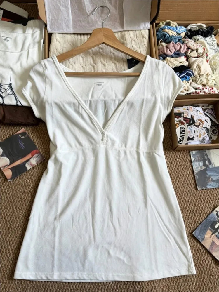 White V-neck Buttons T-shirts Women Simple All-match Casual Cotton Slim Short Sleeve Tee Sweet Cute Preppy Style Tshirt Y2K Tops