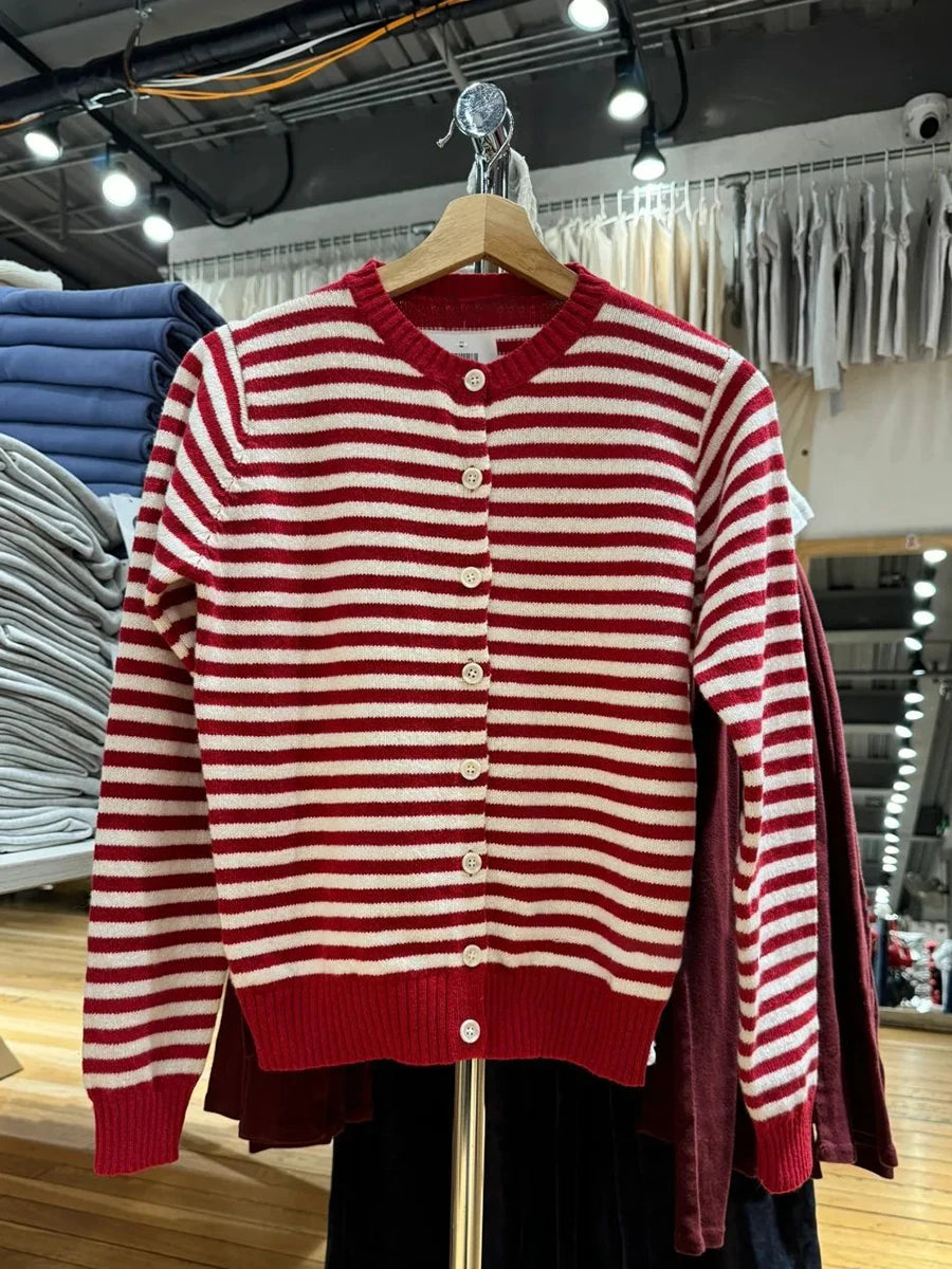 Sweet Red Striped Knitted Sweater Cardigan Women Round Neck Single Breasted Cotton Knitwear Preppy Style Sweaters Coat Tops Y2K