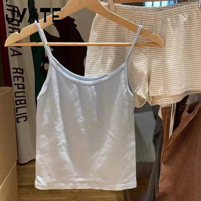 New Sweet Blue Slim Sleeveless Vest Women Summer Cotton Soft Streetwear Basic Lace Trim Tank Tops Vintage Chic Cute T-shirts Y2K