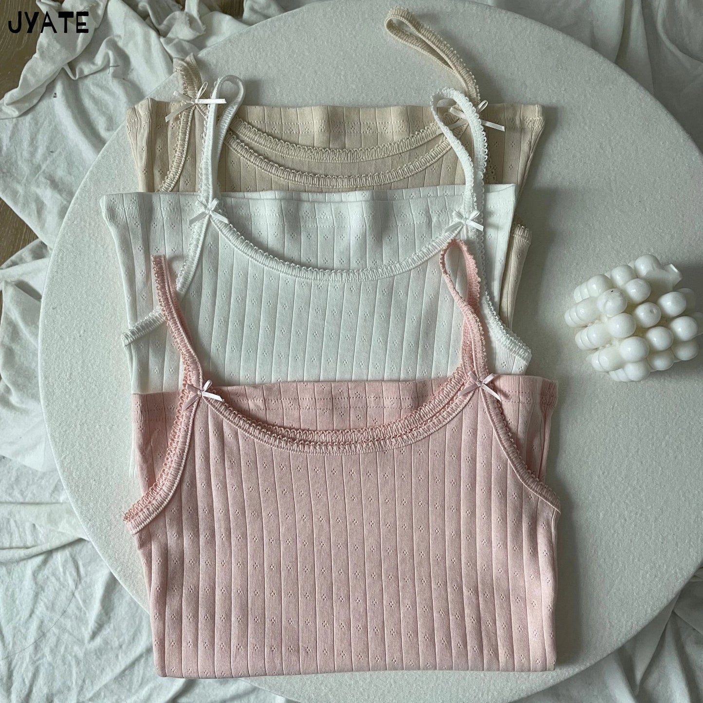Sweet Lace Trim Eyelet Bow Tank Tops Women Cotton Soft Casual Solid Slim Basic Sleeveless Vests Cute Preppy Style Camisole Y2K