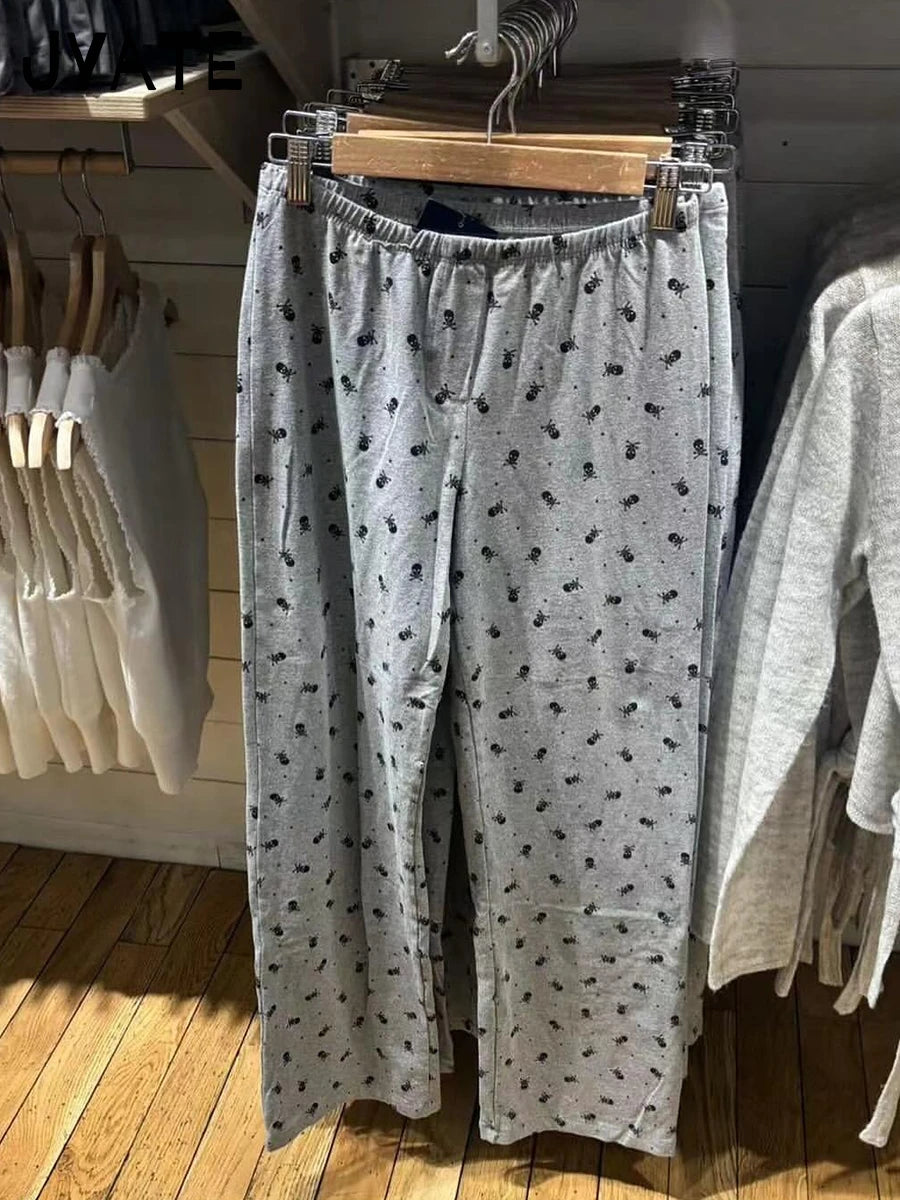 Skull Print Cotton Soft Long Pants Women New Harajuku Casual Elastic High Waist Pajama Straight Pant Vintage Chic Y2K Trousers