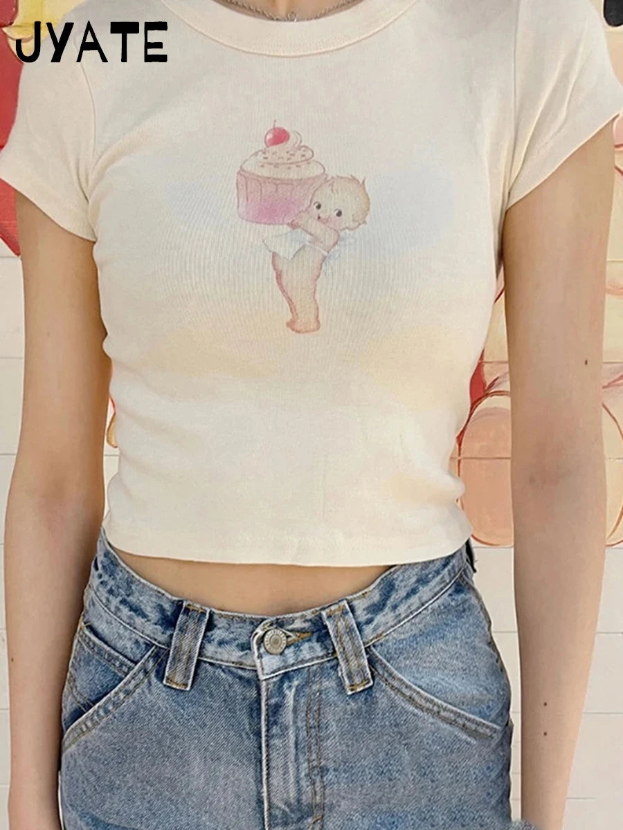 Cartoon Angel Print Cute Slim T-shirts Women Summer O-neck Cotton Harajuku Streetwear Short Sleeve Tees Sweet Chic Y2K Crop Tops