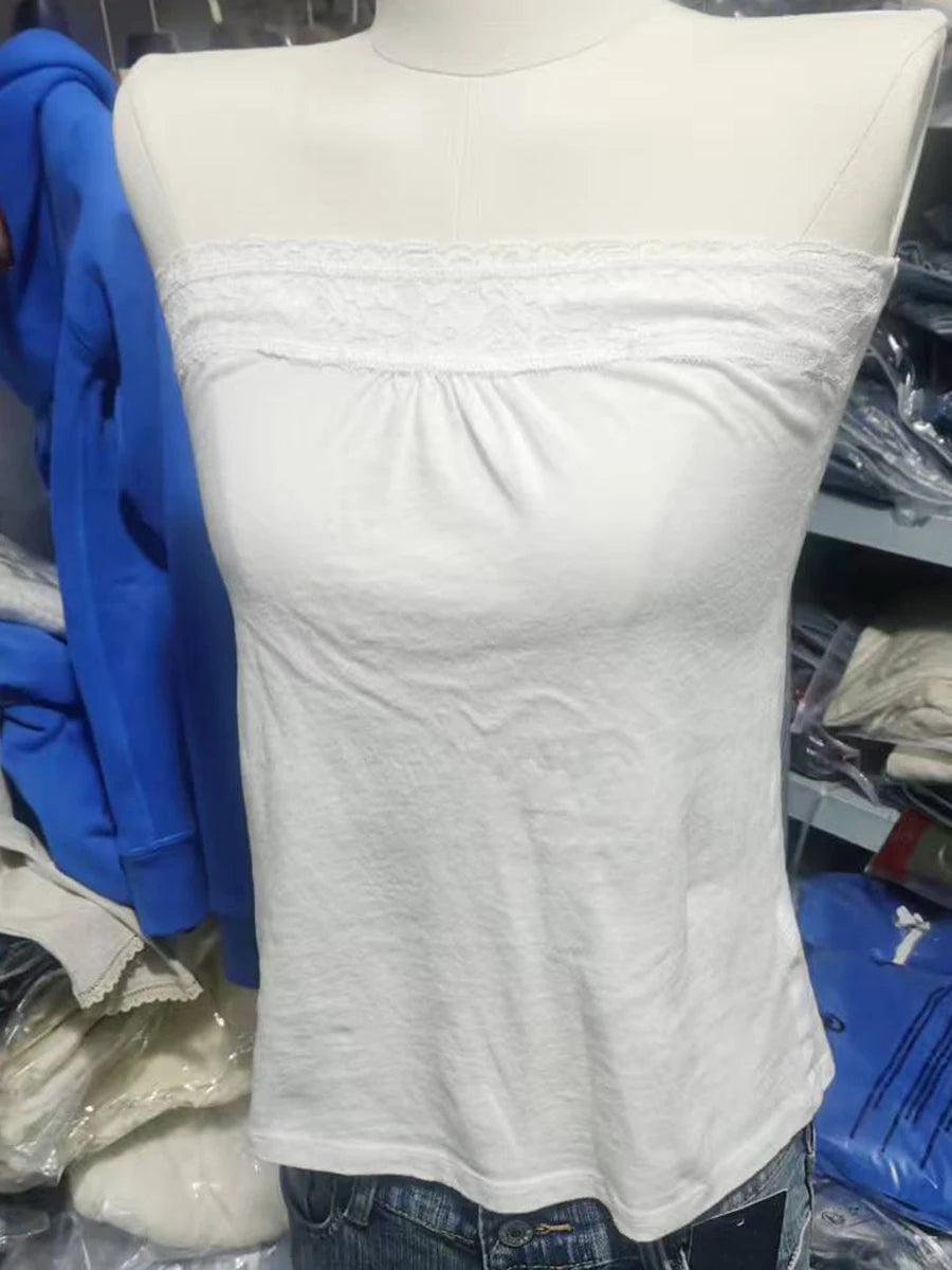 Lace-trimmed Strapless Tops Women Cotton Soft Slim  White Sexy Sleeveless Camisole Sweet Cute Chic Tube Tops Y2K