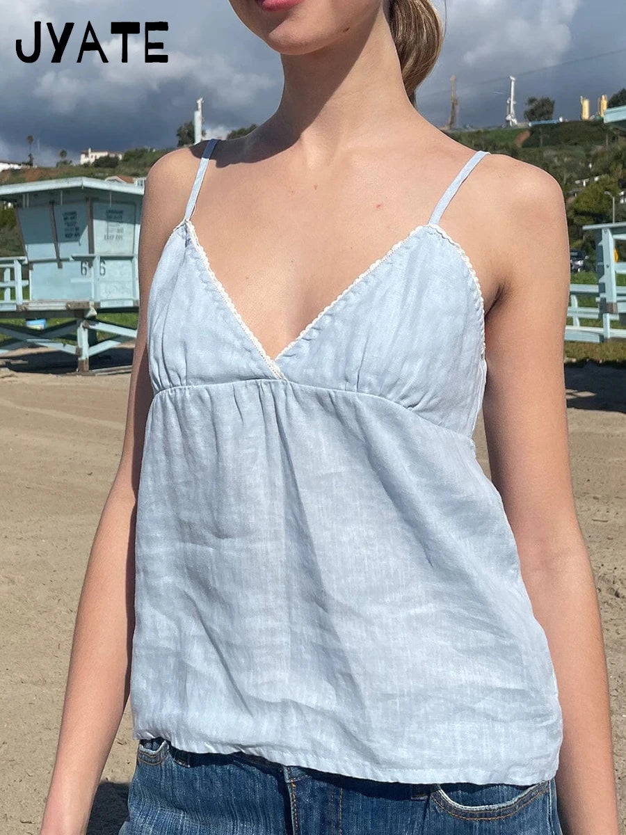 Sweet Blue Lace Trim V-neck Bow Sleeveless Vests Women New Cute Cotton Casual Back Strap Tank Tops Simple Vintage Chic Y2K Camis