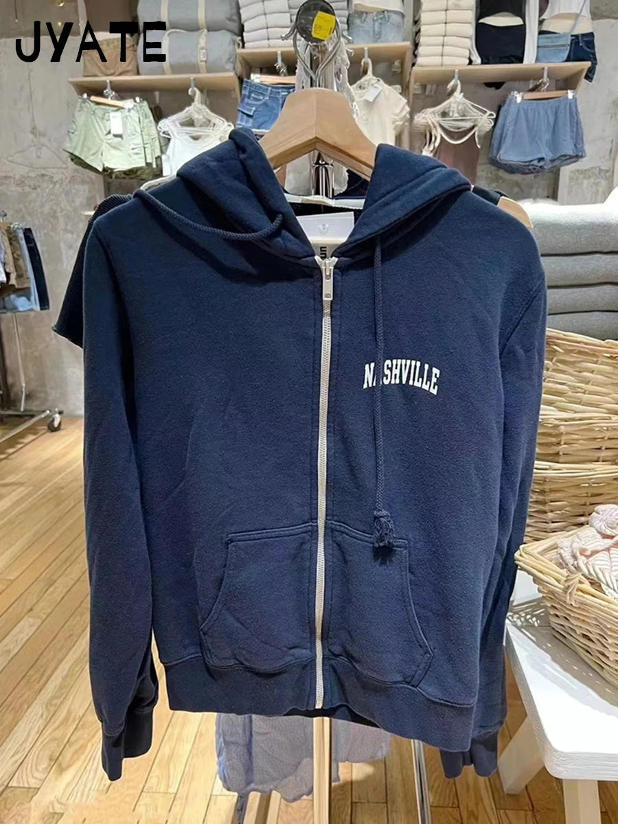 Harajuku Letter Print Zipper Hoodies Women Autumn Casual Pockets Drawstring Hoodie Tops Vintage Loose Chic Y2K Sweatshirts Coat