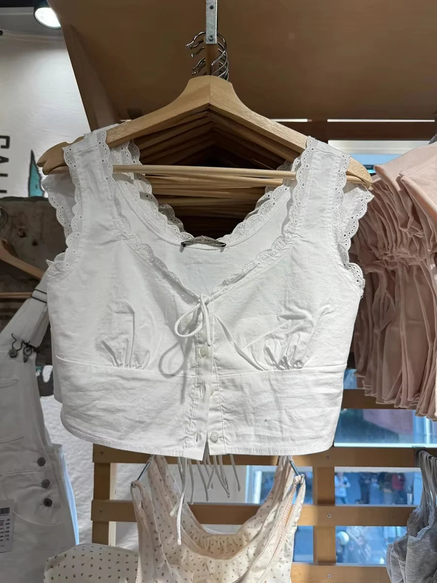White Lace Trim Slim Tank Tops Women New Lace-up V-neck Single Breasted Sleeveless Crop Top Sweet Simple Basic Cropped Vest Y2K