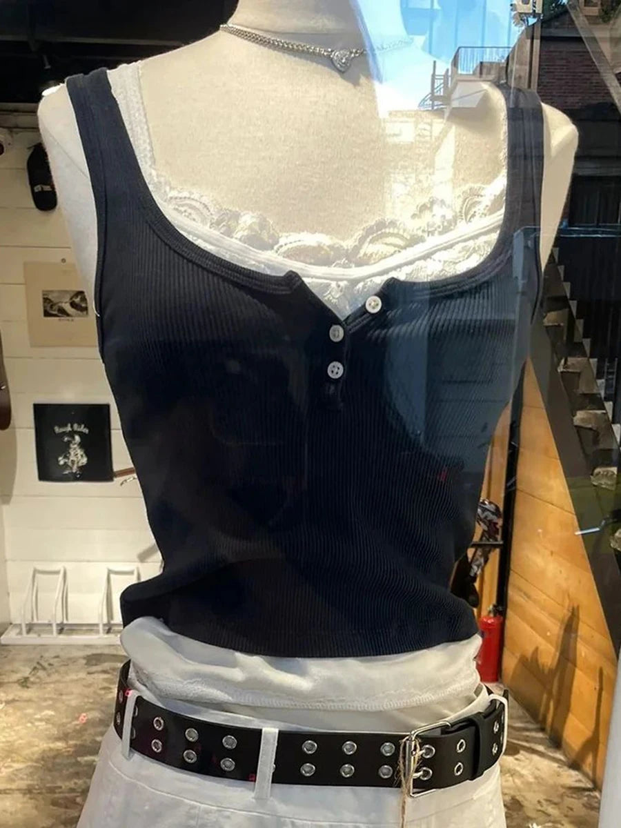 Solid Ribbed Slim Tank Tops Women Streetwear Simple Basic Cotton Buttons Sleeveless Top Female Casual Sweet All-match Y2k Vest