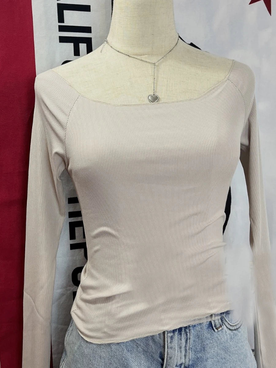 Red Sexy Slash Neck Crop Tops Women 2024 New Cotton Ribbed Harajuku Long Sleeve Tees Vintage Simple Basic T-shirts Y2K