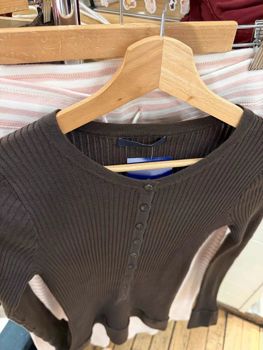 VintageBrown Knitted Long Sleeve T-shirts Women Spring O-neck Buttons Cotton Slim Knitwear Top Female  Preppy Style Tee Tops Y2K