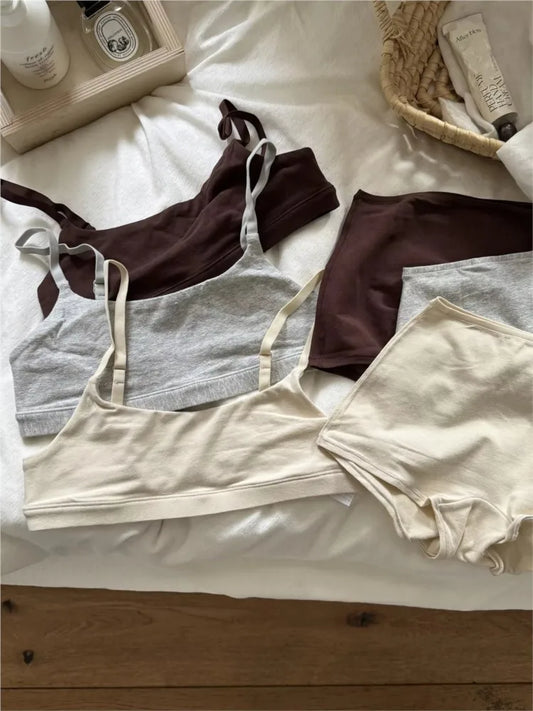 Simple High Elasticity Lingerie Sport Set Women Casual Cotton Adjustable-strap Seamless Bras+Low Waist Boxer Chic Briefs Sets