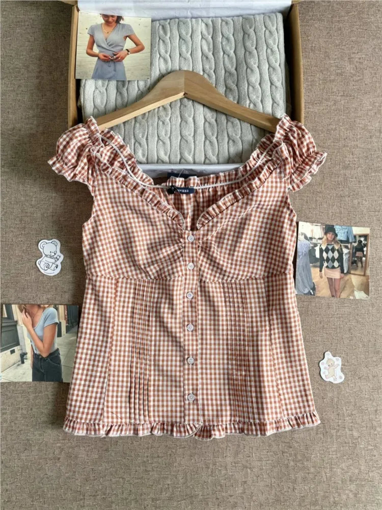 Retro Plaid Slim T-shirts Blouse Women Ruffles Single Breasted V-neck Short Puff Sleeve Shirt Vintage Preppy Style Sweet Tops