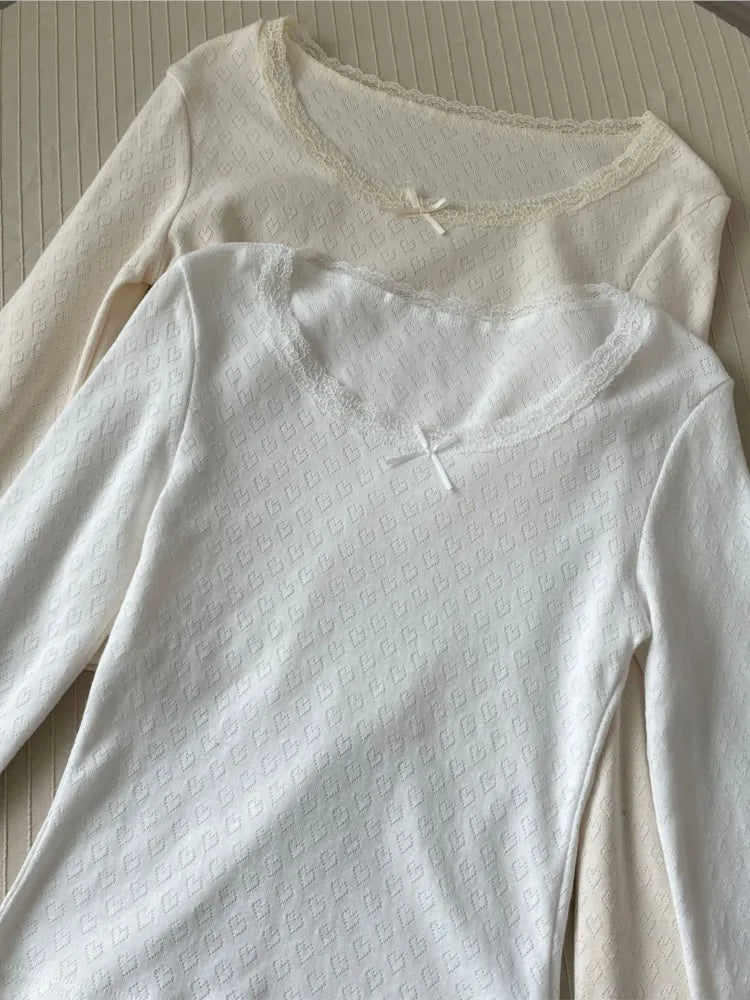 Sweet Bow Lace Trim Long Sleeve Women T-shirts Round Neck Heart Hollow Casual Simple Spring Summer Tops  Basic Chic Skinny Tees