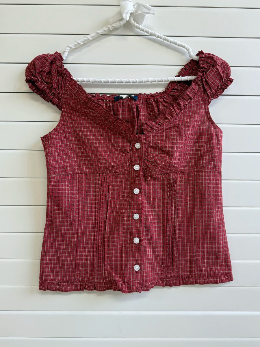 Cute Red Plaid Folds Blouse Tees Women Casual Single Breasted Ruffle Sleeveless Tank Tops Sweet Vintage Preppy Style Camisole